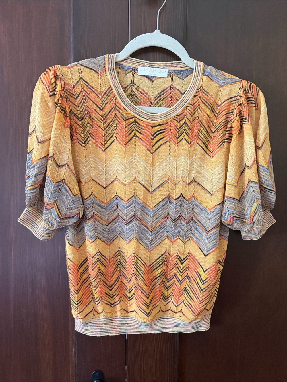 Ulla Johnson Priscilla Multicolor Chevron Puff-Sleeve Knit Top